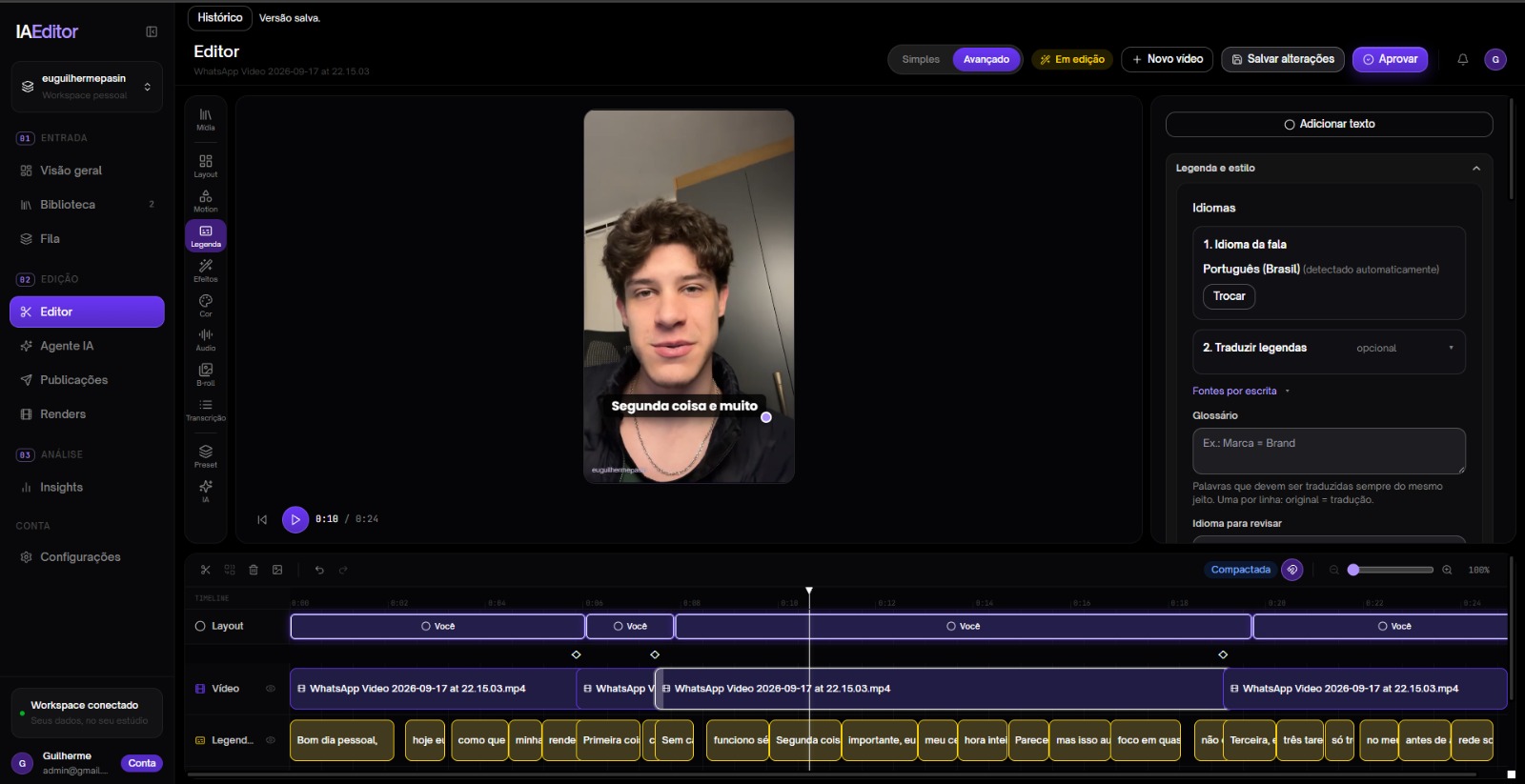Editor do IA Editor no modo avançado, com preview do vídeo, legendas e timeline